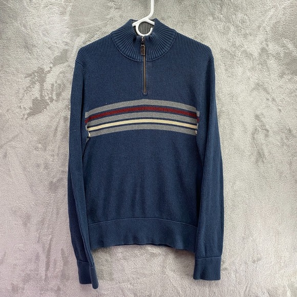 Eddie Bauer Other - Eddie Bauer Quarter Zip Sweater Men's M Navy Striped Ribbed Knit Cotton Pullover